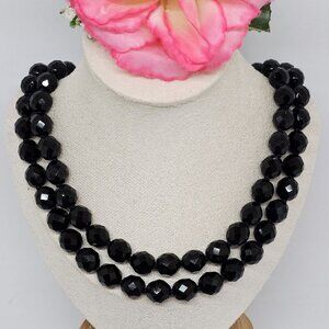 Vintage Jet Black Faceted Glass Beaded 2 Strand Choker Necklace Rhinestone Clasp